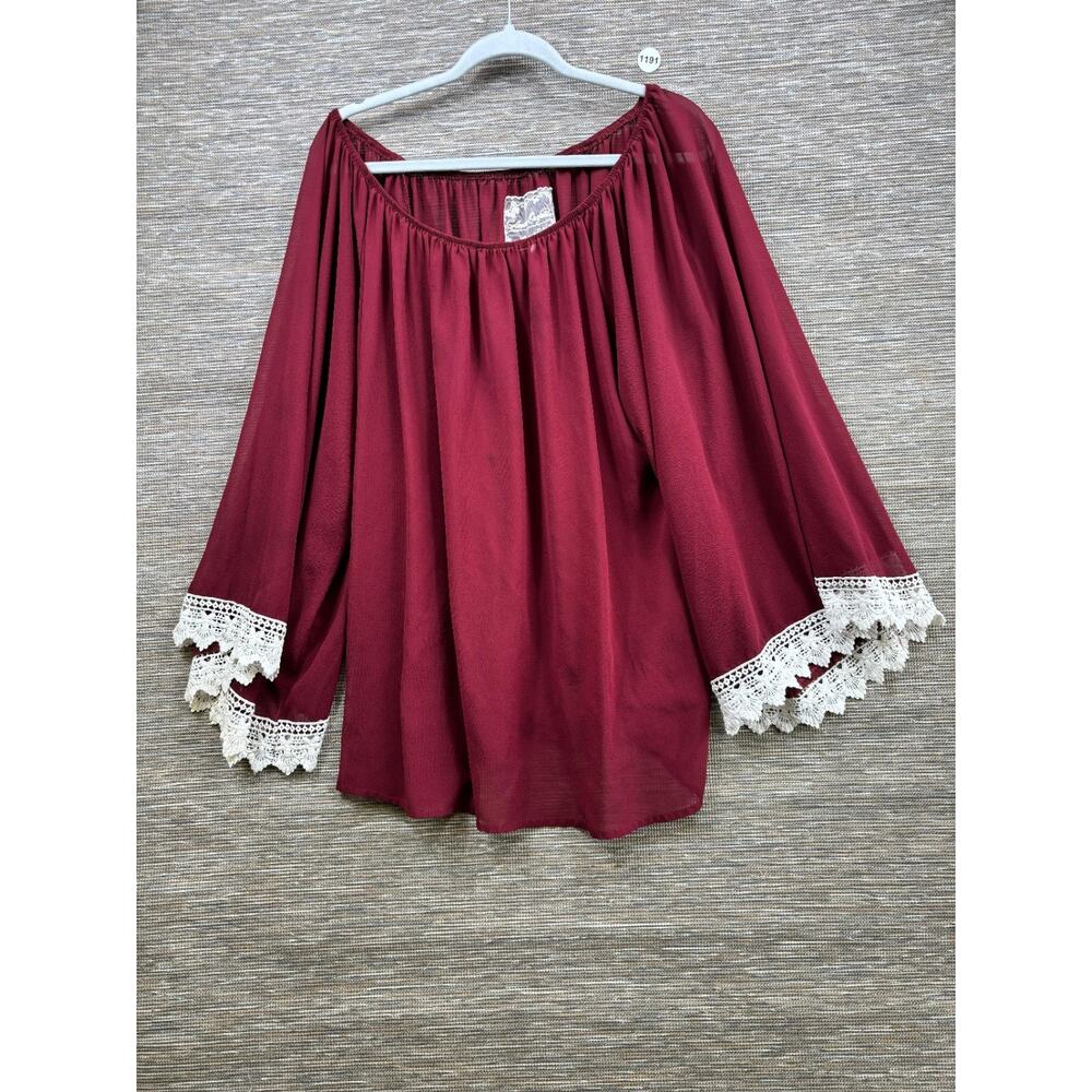 Collegiate Outfitters Blouse with Lace Accents Womens 3XL Burgundy 3/4 Sleeve